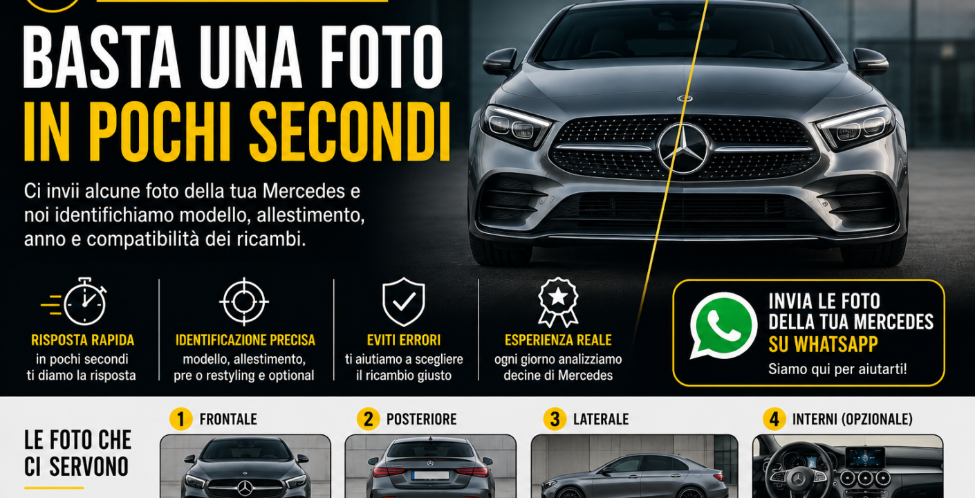 Guida alla compatibilità dei ricambi Mercedes: con alcune foto dell'auto è possibile identificare modello, allestimento, versione pre-restyling o restyling e scegliere i ricambi compatibili.